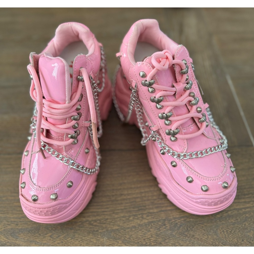 Anthony Wang Space Candy Pink Patent Platform Sneakers Studded Chain Size 7 - Picture 3 of 12